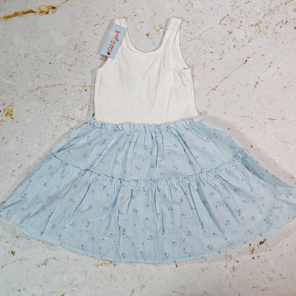 Cat & Jack Girls Tiered Floral Dress White Blue Sleeveless Size S 6/7 NWT